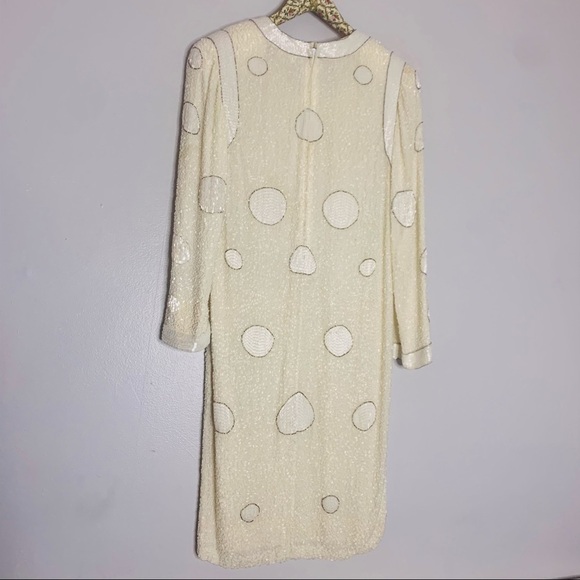 Vintage Bob Mackie Silk Beaded Geometric Long Sleeve Winter White Mini Dress 12 - Picture 8 of 14